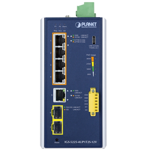 産業用L2+ 4ポート 10/100/1000T 802.3bt PoE + 1ポート 10/100/1000T + 2ポート 1G/2.5G SFP マネージドイーサネットスイッチ(12Vブースター付き)