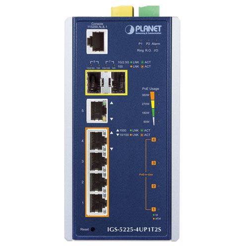 産業用L2+ 4ポート 10/100/1000T 802.3bt PoE + 1ポート 10/100/1000T + 2ポート 1G/2.5G SFP マネージドイーサネットスイッチ