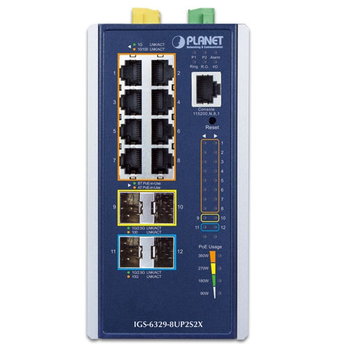 産業用L3 8ポート 10/100/1000T 802.3bt PoE + 2ポート 1G/2.5G SFP + 2ポート 10G SFP+ マネージドイーサネットスイッチ