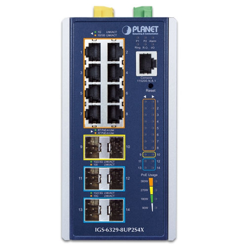 産業用L3 8ポート 10/100/1000T 802.3bt PoE + 2ポート 1G/2.5G SFP + 4ポート 10G SFP+ マネージドイーサネットスイッチ