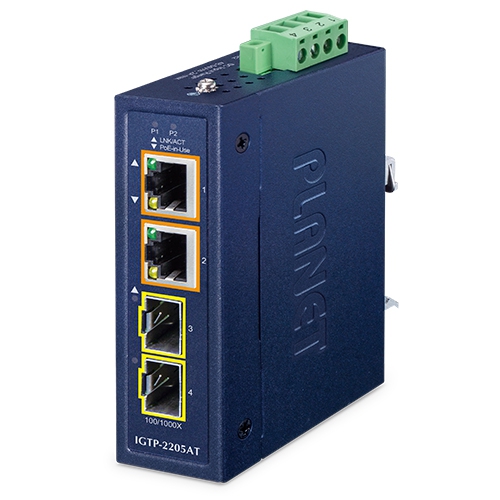 コンパクト産業用2ポート100/1000X SFP～2ポート10/100/1000T 802.3at PoE+ メディアコンバーター