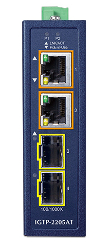 コンパクト産業用2ポート100/1000X SFP～2ポート10/100/1000T 802.3at PoE+ メディアコンバーター