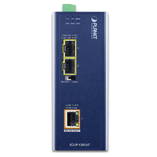 産業用2ポート100/1000X SFP～1ポート10/100/1000T 802.3bt PoE++メディアコンバーター