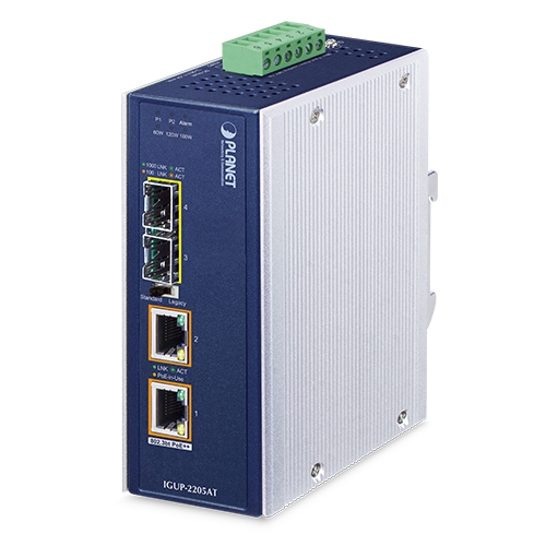 産業用2ポート100/1000X SFP～2ポート10/100/1000T 802.3bt PoE++メディアコンバーター