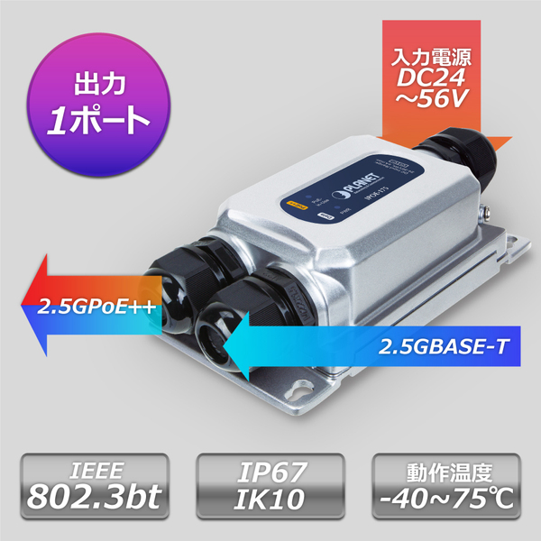 産業用 IP67 1ポート 60W 802.3bt PoE++インジェクター