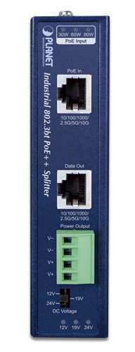 産業用シングルポート 10Gbps 802.3bt PoE++ スプリッター