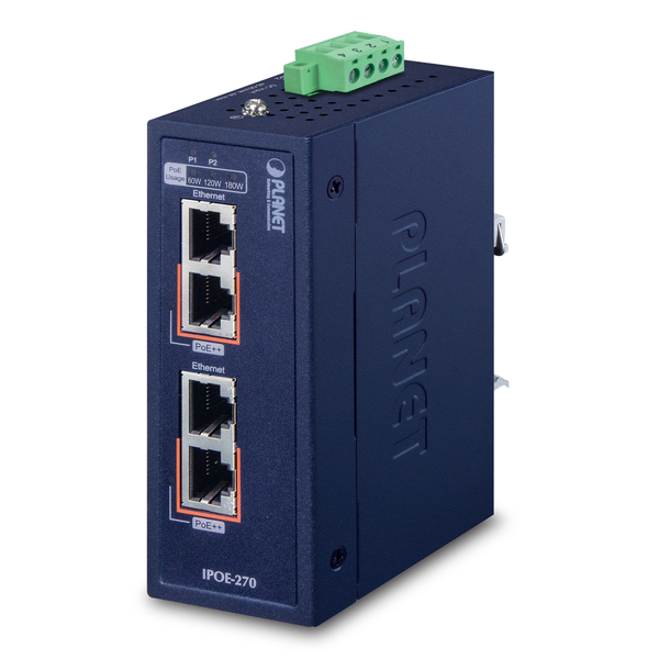 産業用 2ポート マルチギガビット802.3bt PoE++インジェクターハブ