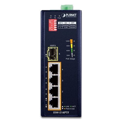 産業用 4ポート100TX 802.3at PoE + 1ポート100FX イーサネットスイッチ