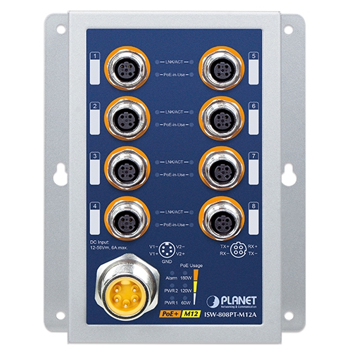 産業用8ポート 10/100TX M12 802.3at PoE+スイッチ