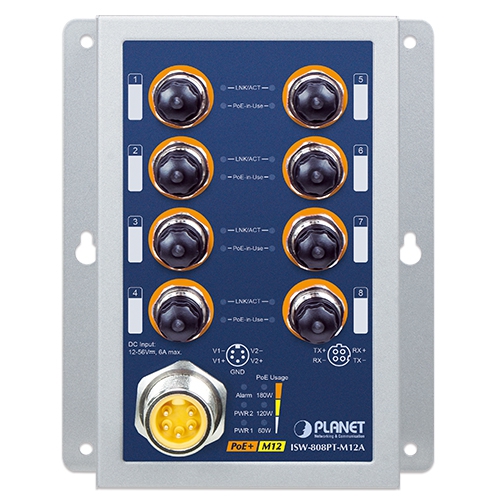 産業用8ポート 10/100TX M12 802.3at PoE+スイッチ