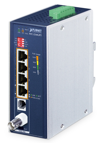 産業用エクステンダー 4ポート10/100/1000T 802.3at PoE+からVDSL2