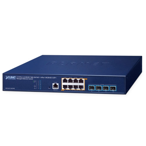 L3 8ポート 2.5GBASE-T 802.3bt PoE + 4ポート 10GBASE-X SFP+ マネージドイーサネットスイッチ