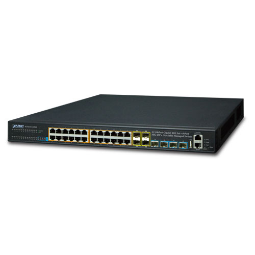 レイヤー3 24ポート 10/100/1000T 802.3at PoE + 4ポート 10G SFP+ スタッカブルマネージドスイッチ