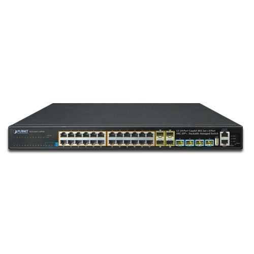 レイヤー3 24ポート 10/100/1000T 802.3at PoE + 4ポート 10G SFP+ スタッカブルマネージドスイッチ