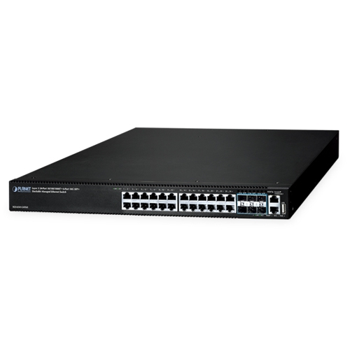レイヤー3 24ポート 10/100/1000T + 6ポート 10G SFP+ スタッカブルマネージドイーサネットスイッチ