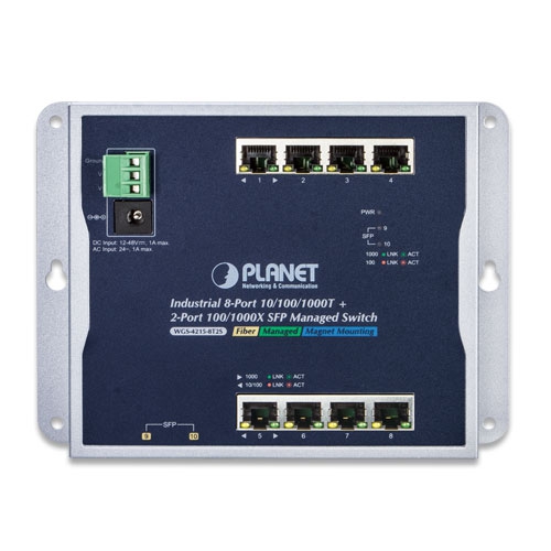 産業用8ポート 10/100/1000T + 2ポート100/1000X SFP 壁掛けマネージドスイッチ(-40～75℃)