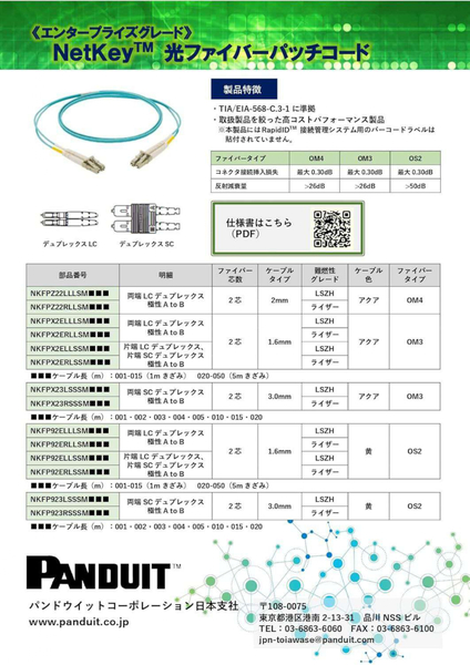 光ファイバーパッチコード NetKey 両端LCデュプレックス 極性AtoB OM4 LSZH 1m