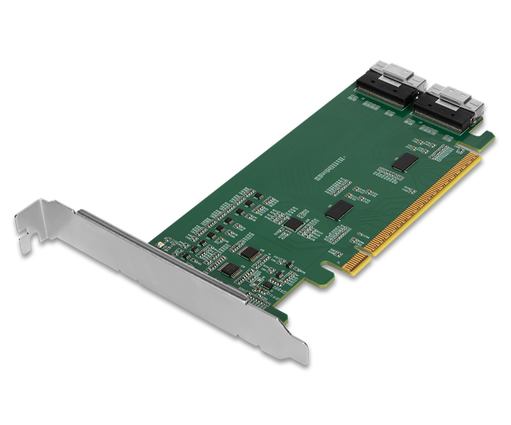 EXLink 信号補正用 Redriver搭載 PCIe 4.0 x16対応 2ポート SlimSAS 8i 変換アダプタカード