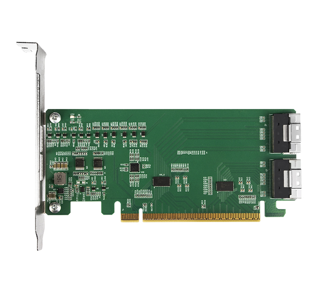 EXLink 信号補正用 Redriver搭載 PCIe 4.0 x16対応 2ポート SlimSAS 8i 変換アダプタカード