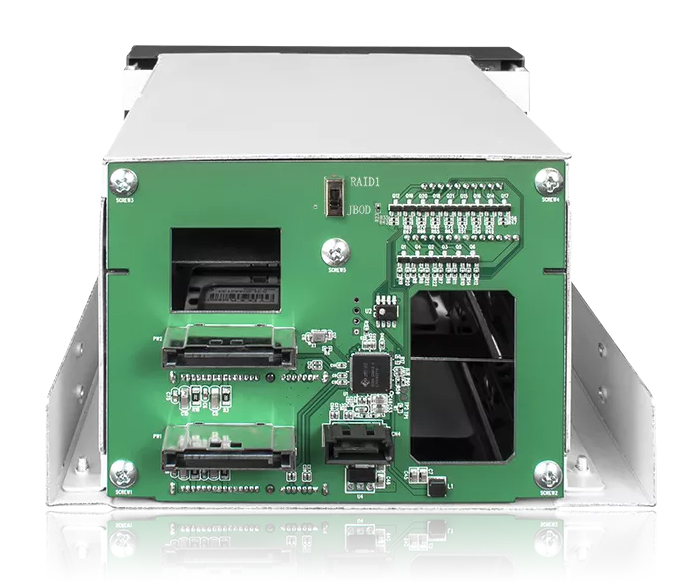 2.5/3.5インチ SATA HDD/SSD搭載用RAIDユニット 2 x 5.25インチベイサイズ RAID 1 & JBODモード対応