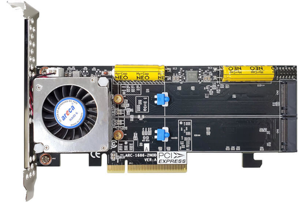 PCIe 4.0 x8 Tri モード対応ハードウェアRAIDカード NVMe M.2 SSD x 2本搭載モデル ※RAID0/1/JBOD/Single