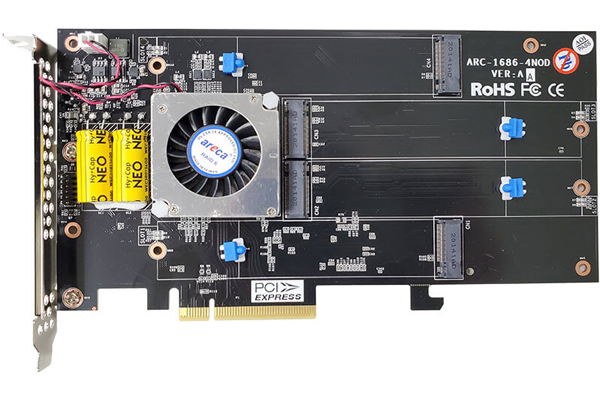 PCIe 4.0 x8 Tri モード対応ハードウェアRAIDカード NVMe M.2 SSD x 4本搭載モデル ※RAID0/1/JBOD/Single