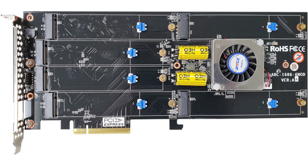PCIe 4.0 x8 Tri モード対応ハードウェアRAIDカード NVMe M.2 SSD x 6本搭載モデル ※RAID0/1/JBOD/Single
