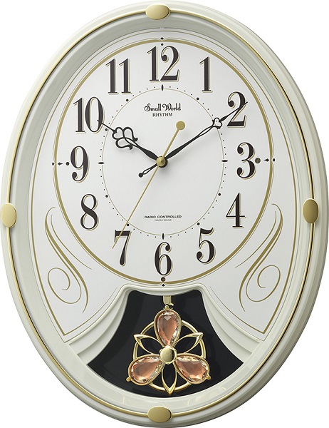 電波時計 掛け時計 6曲入り クリスタル飾り振り子付き 36.5x28.5cm スモールワールドリリィN アイボリー