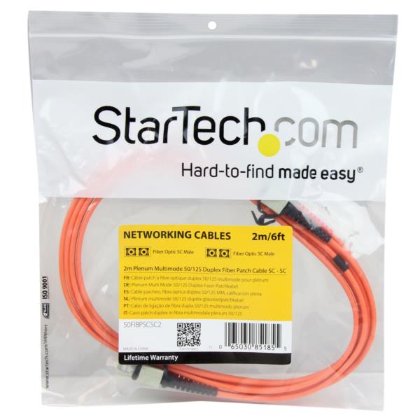 光ファイバーケーブル/SC-SC/2m/OM2マルチモード/50/125ミクロン/2芯/低信号損失/プレナム難燃定格(OFNP)