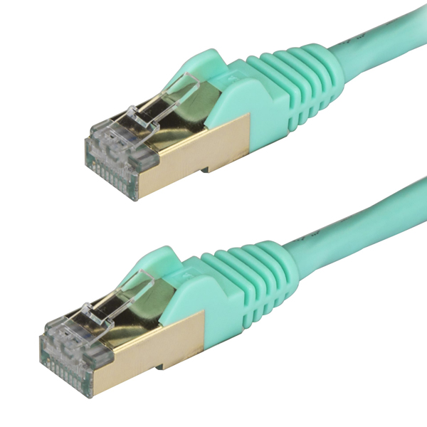 カテゴリ6A対応LANケーブル(1m/アクア)Cat6ASTP(シールドツイストペア)ケーブルツメ折れ防止カバー付き