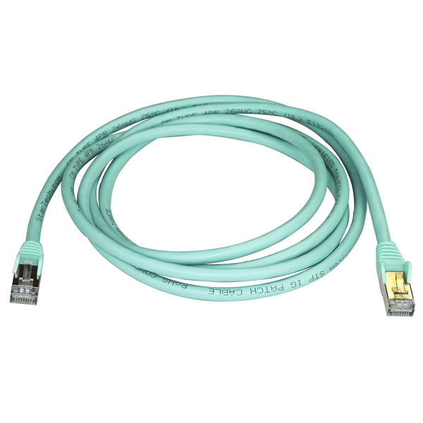 カテゴリ6A対応LANケーブル(2m/アクア)Cat6ASTP(シールドツイストペア)ケーブルツメ折れ防止カバー付き