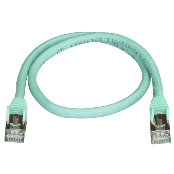 カテゴリ6A対応LANケーブル(0.5m/アクア)Cat6ASTP(シールドツイストペア)ケーブルツメ折れ防止カバー付き