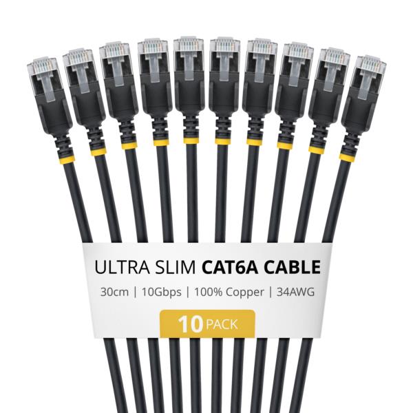 CAT6A LANケーブル/超スリム/30cm/10本入/ブラック/ツメ折れ防止/FTP/超極細 イーサネットケーブル