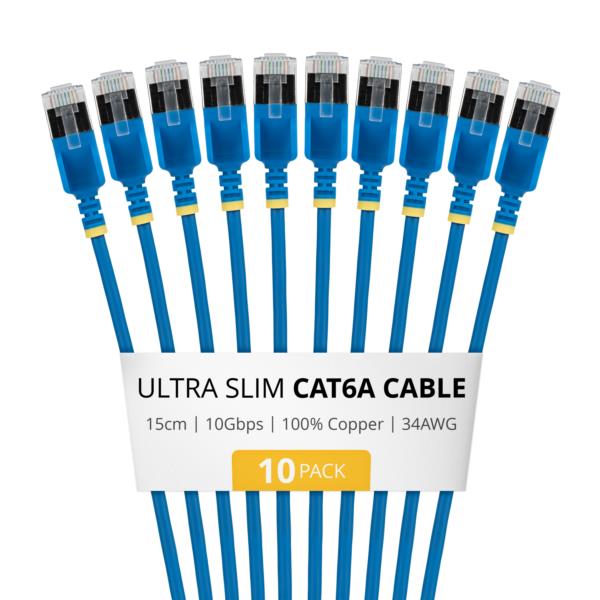 CAT6A LANケーブル/極細/15cm/10本セット/ブルー/FTPシールド/34AWG/純銅導体/スナッグレス