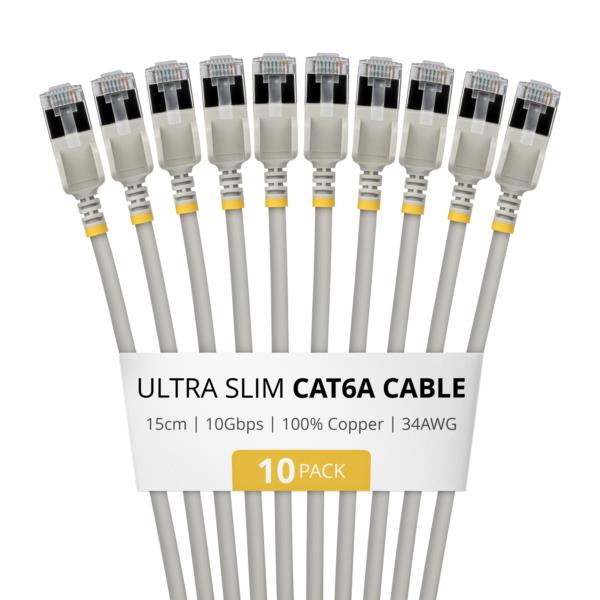 CAT6A LANケーブル/超スリム/15cm/10本入/グレー/ツメ折れ防止/FTP/超極細 イーサネットケーブル