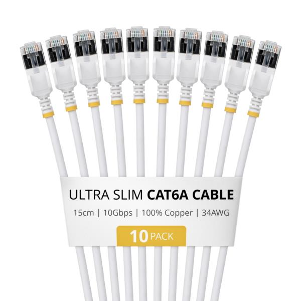 CAT6A LANケーブル/超スリム/15cm/10本入/ホワイト/ツメ折れ防止/FTP/超極細 イーサネットケーブル
