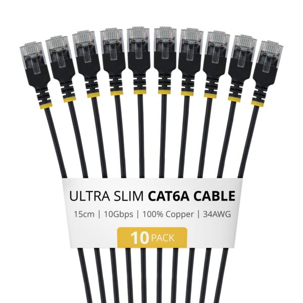 CAT6A LANケーブル/超スリム/15cm/10本セット/ブラック/UTP/34AWG/純銅導体/個別試験済