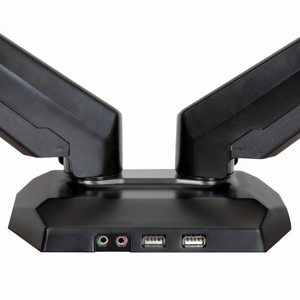 2面対応多関節デュアル液晶ディスプレイ・モニターアームUSB2ポート/イヤホン/マイク端子付きクランプ固定方式スプリング式高さ調節機構ケーブルホルダー搭載