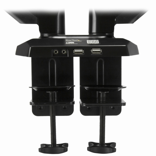 2面対応多関節デュアル液晶ディスプレイ・モニターアームUSB2ポート/イヤホン/マイク端子付きクランプ固定方式スプリング式高さ調節機構ケーブルホルダー搭載