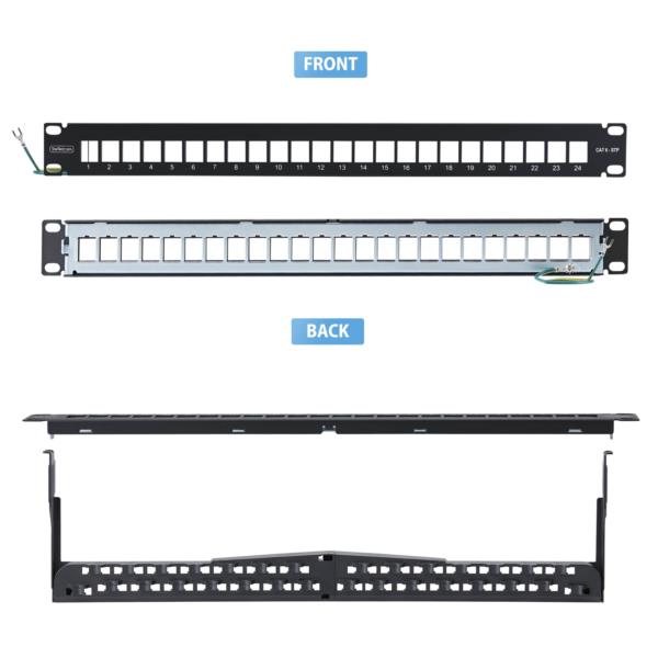 パッチパネル/ラックマウント型/1U 24ポート/ブランクキーストーン/RJ45 STP/データセンター LAN配線向け