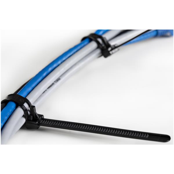 結束バンドリピートタイプ/繰り返し使えるリピートタイ/100本入りパック/ブラック/長さ25cm/幅7mm/ケーブル束の直径65mm/引張強度22kg/屋内、屋外対応/UL94V-2規格認定品