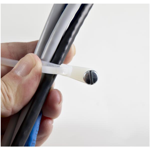 ネジ止め穴付きケーブルタイ/固定穴付き結束バンド/100本入りパック/長さ17.2cm/幅3mm/ケーブル束の直径40mm/引張強度18kg/ナイロン66/UL規格認定品