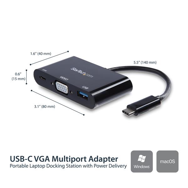 USBtype-C接続VGA変換アダプタ2048x1280p(60Hz)1xUSB-C給電ポート1xUSB-Aポート