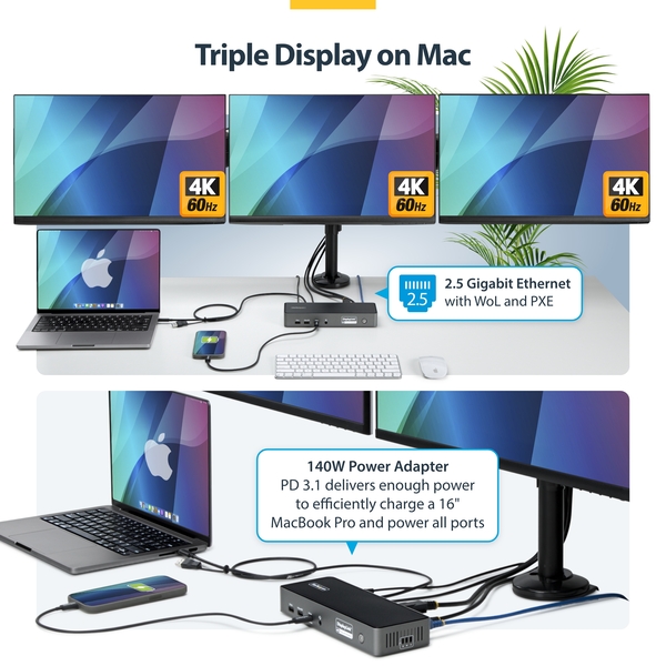 ドッキングステーション/USB-C接続/3画面/4K60Hz HDMI + DP/140W PD/USBハブ/有線LAN