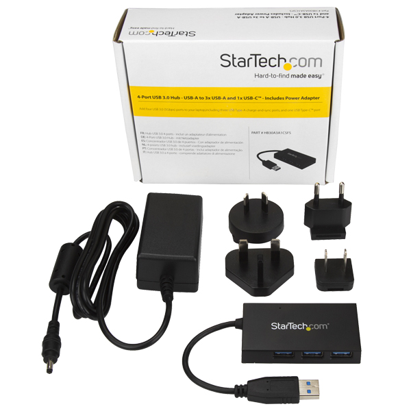4ポートUSB3.0ハブUSBA-3xUSBA(高速充電対応)/1xUSB-C電源アダプタ付属USBType-Cポート搭載USBハブ