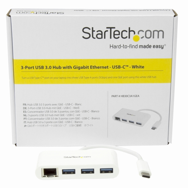 ギガビットEthernetポート搭載3ポートUSB3.0ハブUSBType-C接続USB3.0ハブ搭載有線LANアダプタホワイト