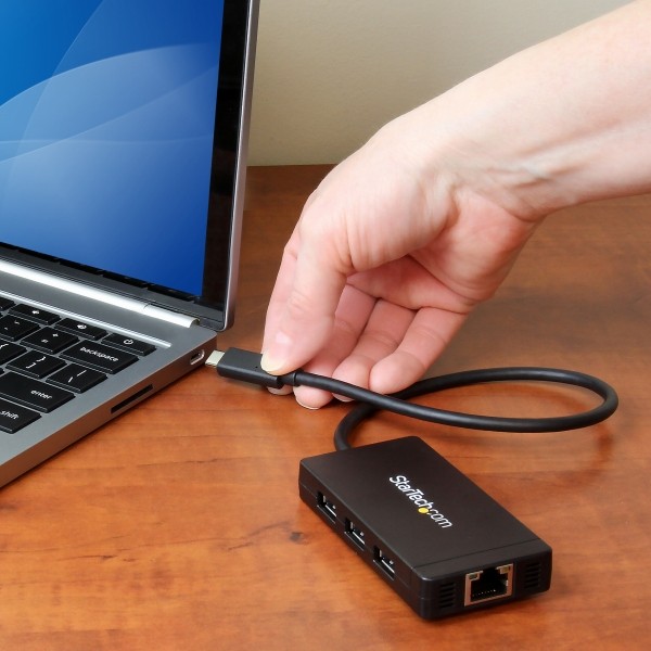 USBType-C接続3ポートUSB3.0ハブ/1ポートギガビット有線LANアダプタ(ACアダプタ付属)USB-C-3xUSB-A/1xRJ45GbE