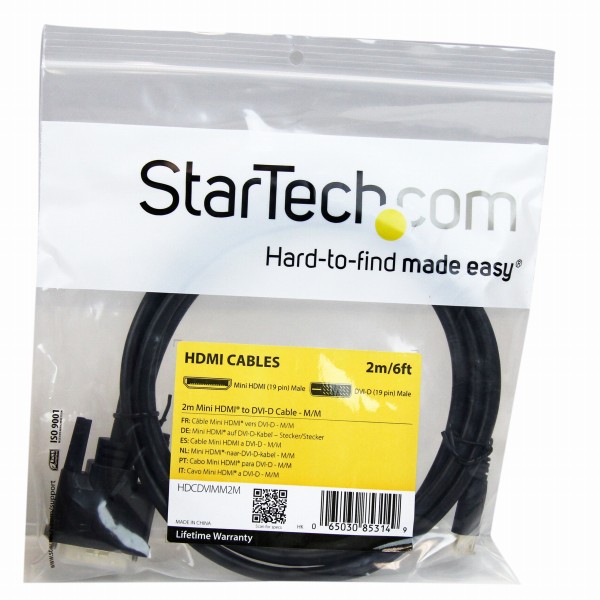 MiniHDMI-DVI-D変換ケーブル2mミニHDMI(19ピン)オス-DVI-D(19ピン)オス1920x1200