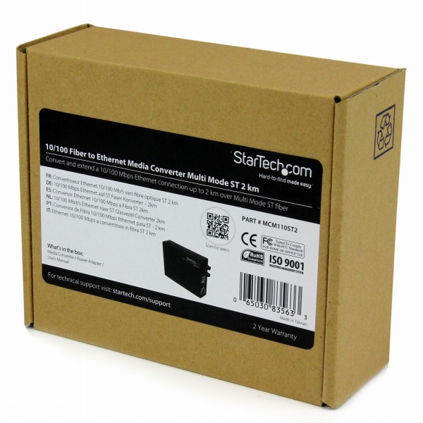 光メディアコンバータイーサネット/Ethernet(10Base-T/100Base-TX)-光ファイバ(100BASE-FX)マルチモードST2kmRJ-45(メス)-光ファイバデュプレックスST(メス)