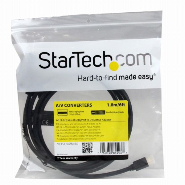 1.8mMiniDisplayPort-DVI変換アクティブアダプタケーブルMiniDP/ミニディスプレイポート(オス)-DVI-D(オス)1920x1200ブラック